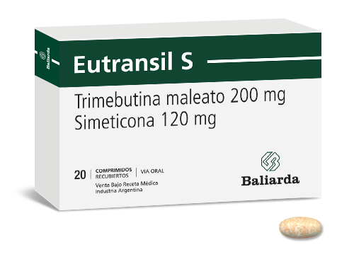 Eutransil S_0_Trimebutina-Simeticona_10.png Eutransil S Simeticona Trimebutina antiespasmódico colon irritable constipación diarrea Dispepsia dolor abdominal mala digestión Simeticona Síndrome del intestino irritable Trimebutina Eutransil S